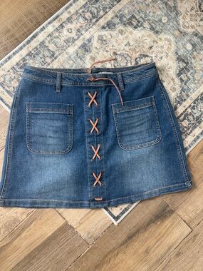 New York & Company Blue Denim A-Line Skirt with Front Lace-Up